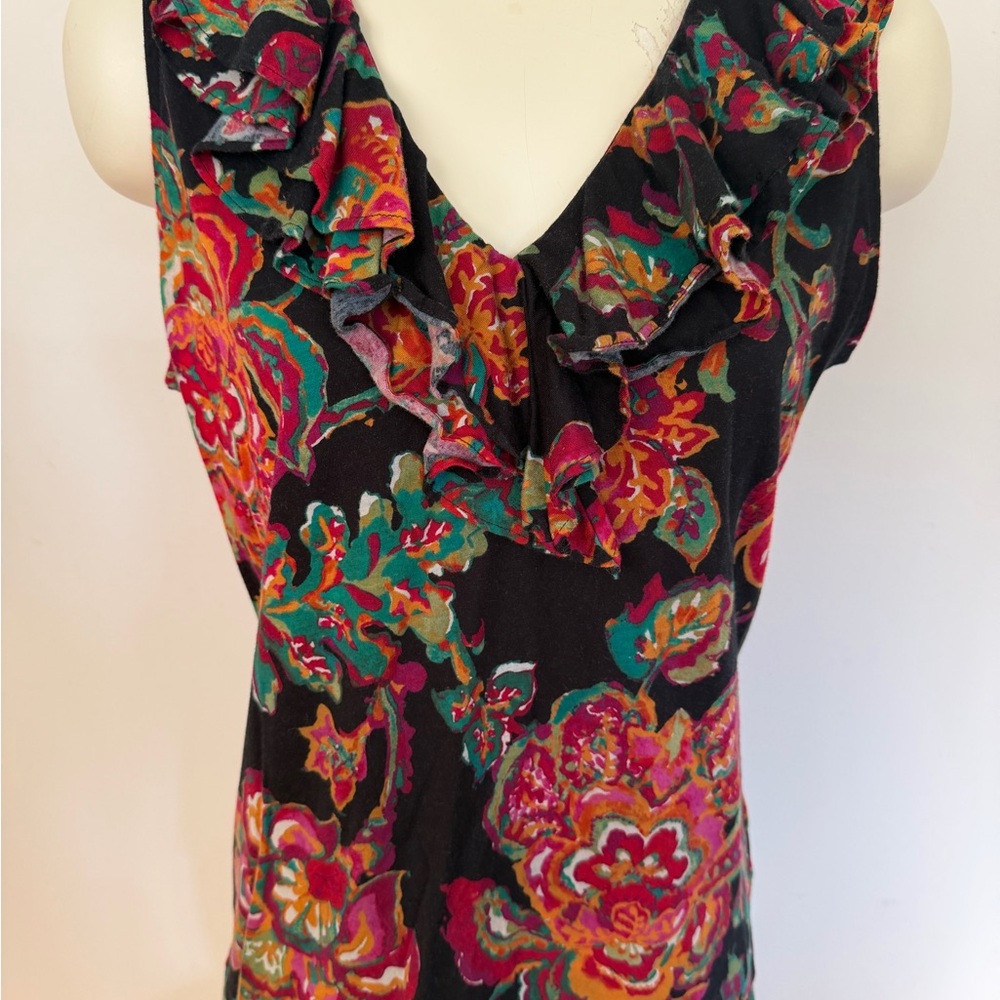 Black Floral Ruffle V-Neck Women's Top Ralph Lauren size L